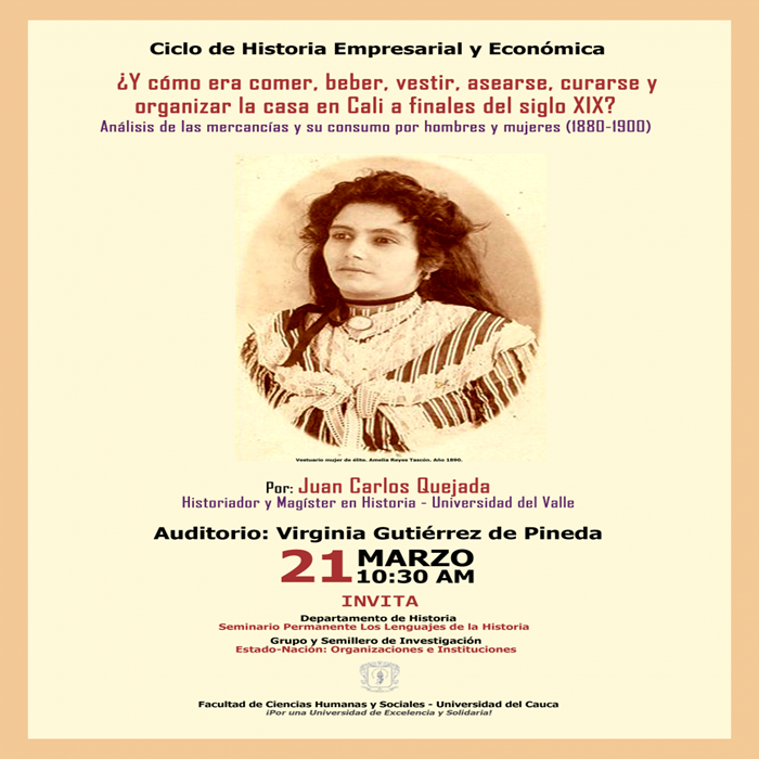 Ciclo de Historia Empresarial y Económica. ¿Y cómo era comer, beber, vestir, asearse, curarse y organizar la casa en Cali a finales del siglo XIX? Análisis de las mercancías y su consumo por hombres y mujeres (1880 – 1900)